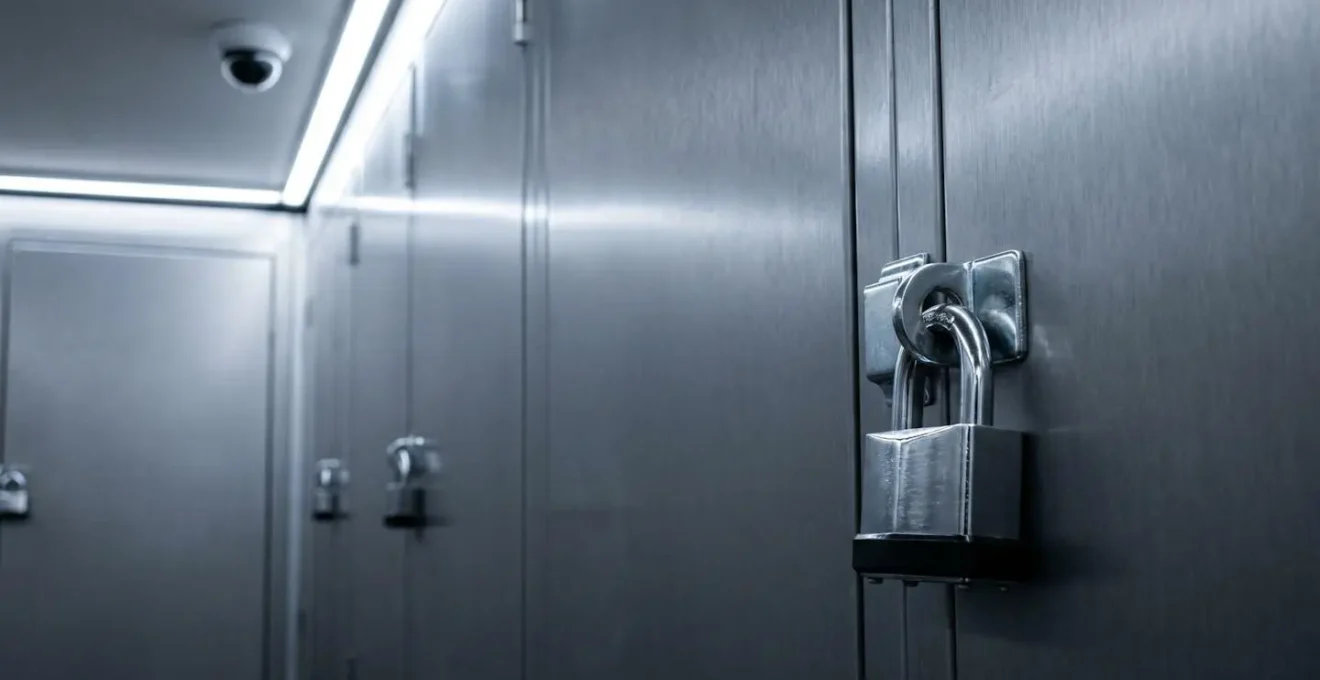 Gros plan sur un cadenas en acier fermant une porte de box de stockage métallique moderne dans un couloir sécurisé avec caméra de surveillance.