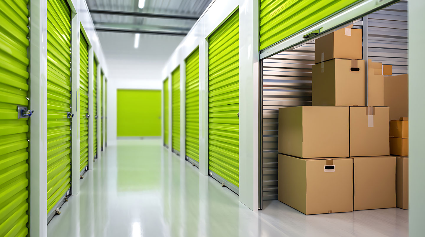 Intérieur d'un box de stockage sécurisé de 10 mètres carrés avec cartons étiquetés empilés de manière ordonnée, porte métallique avec système d'alarme individuelle et panneau de contrôle visible, éclairage LED blanc
