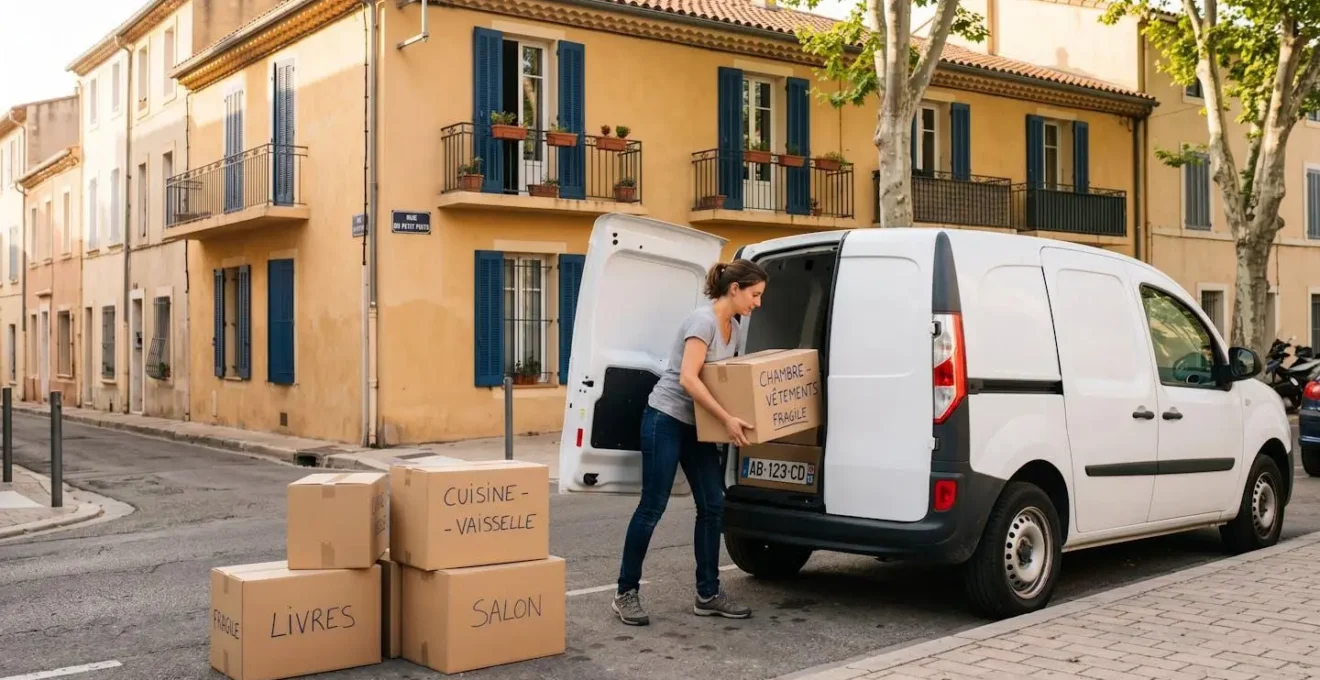 Femme chargeant des cartons de déménagement étiquetés dans un camion utilitaire blanc garé devant un immeuble provençal à façade ocre avec volets bleus typique de Marseille
