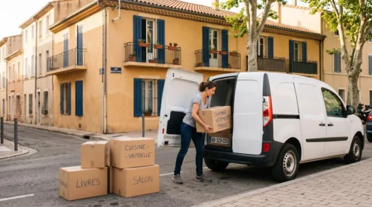 Femme chargeant des cartons de déménagement étiquetés dans un camion utilitaire blanc garé devant un immeuble provençal à façade ocre avec volets bleus typique de Marseille