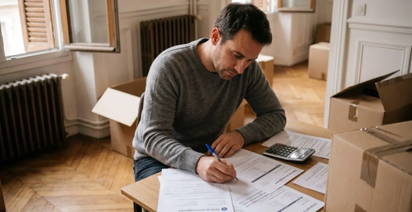 Homme comparant plusieurs devis de déménagement assis à une table avec calculatrice et stylo, cartons de déménagement visibles en arrière-plan flou dans un appartement
