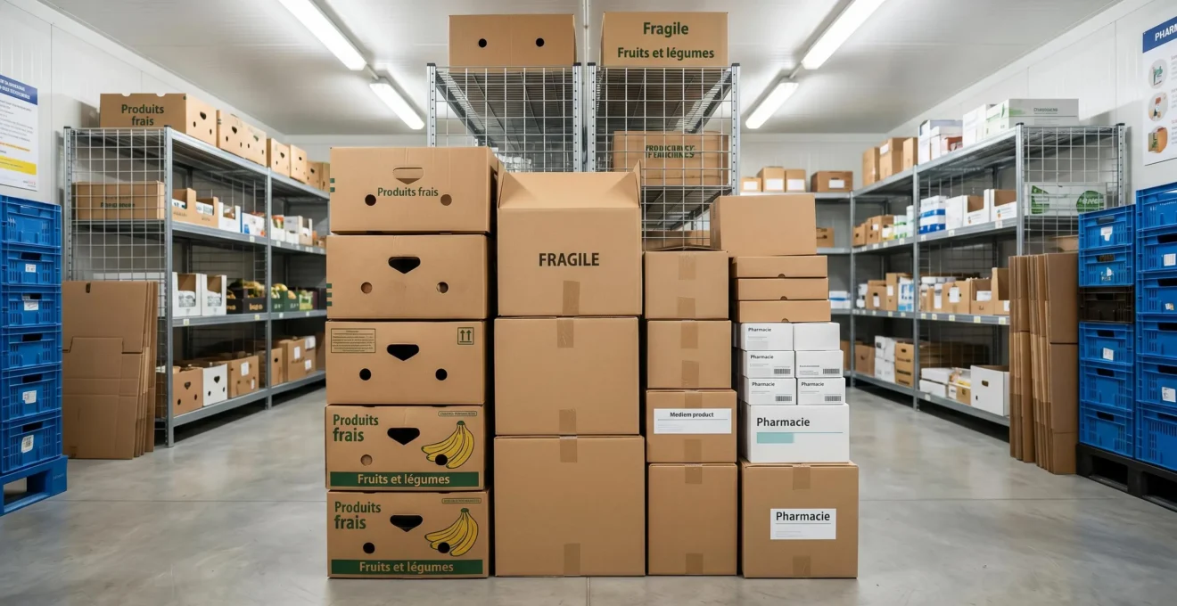 Pile ordonnée de cartons vides pliés de différentes tailles disponibles gratuitement dans la réserve d'un supermarché, éclairage néon commercial, sol en béton, étagères métalliques en arrière-plan